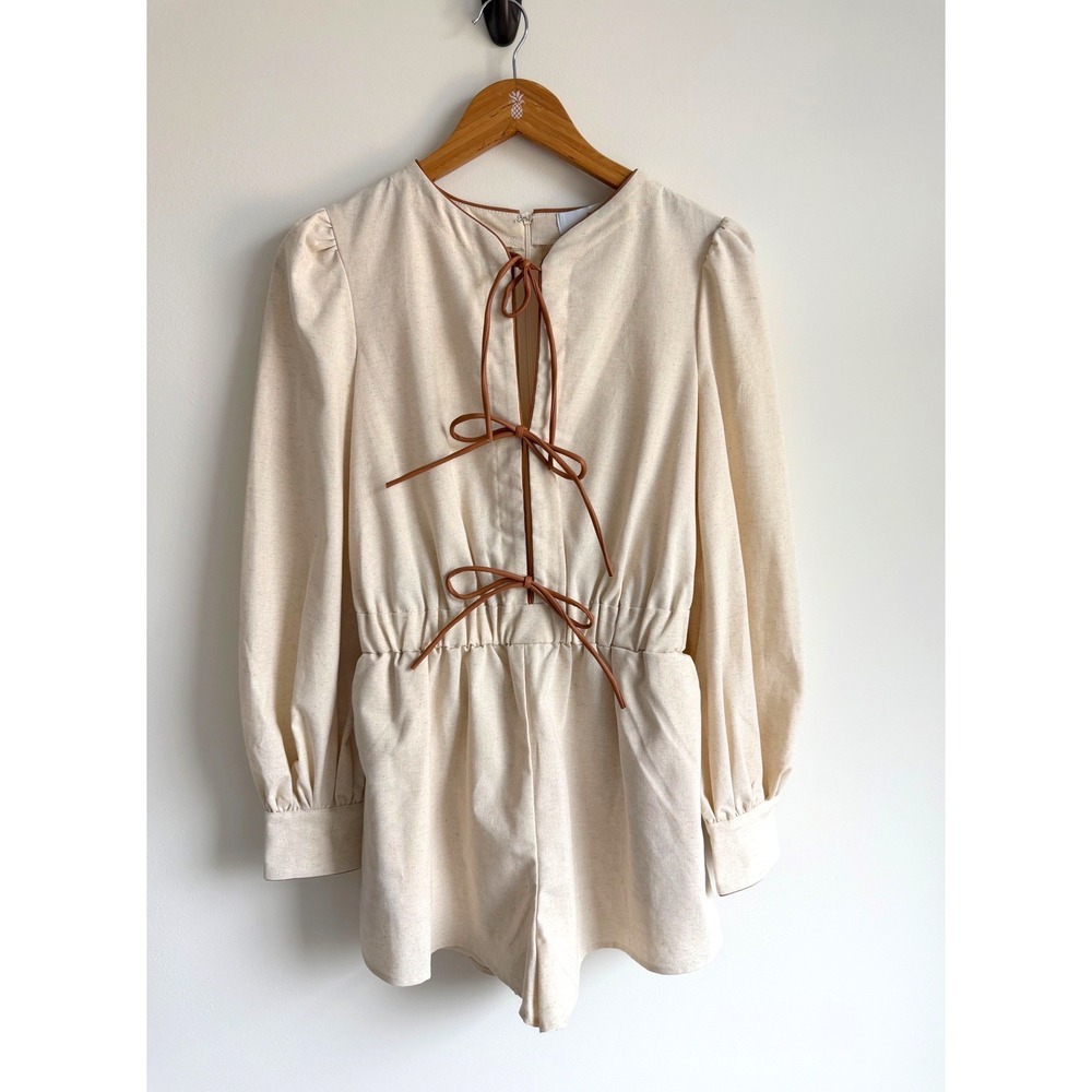 EB Luxe Women's Cream Tie Front Romper Puff Sleeve Cutout Boho Cottagecore Small